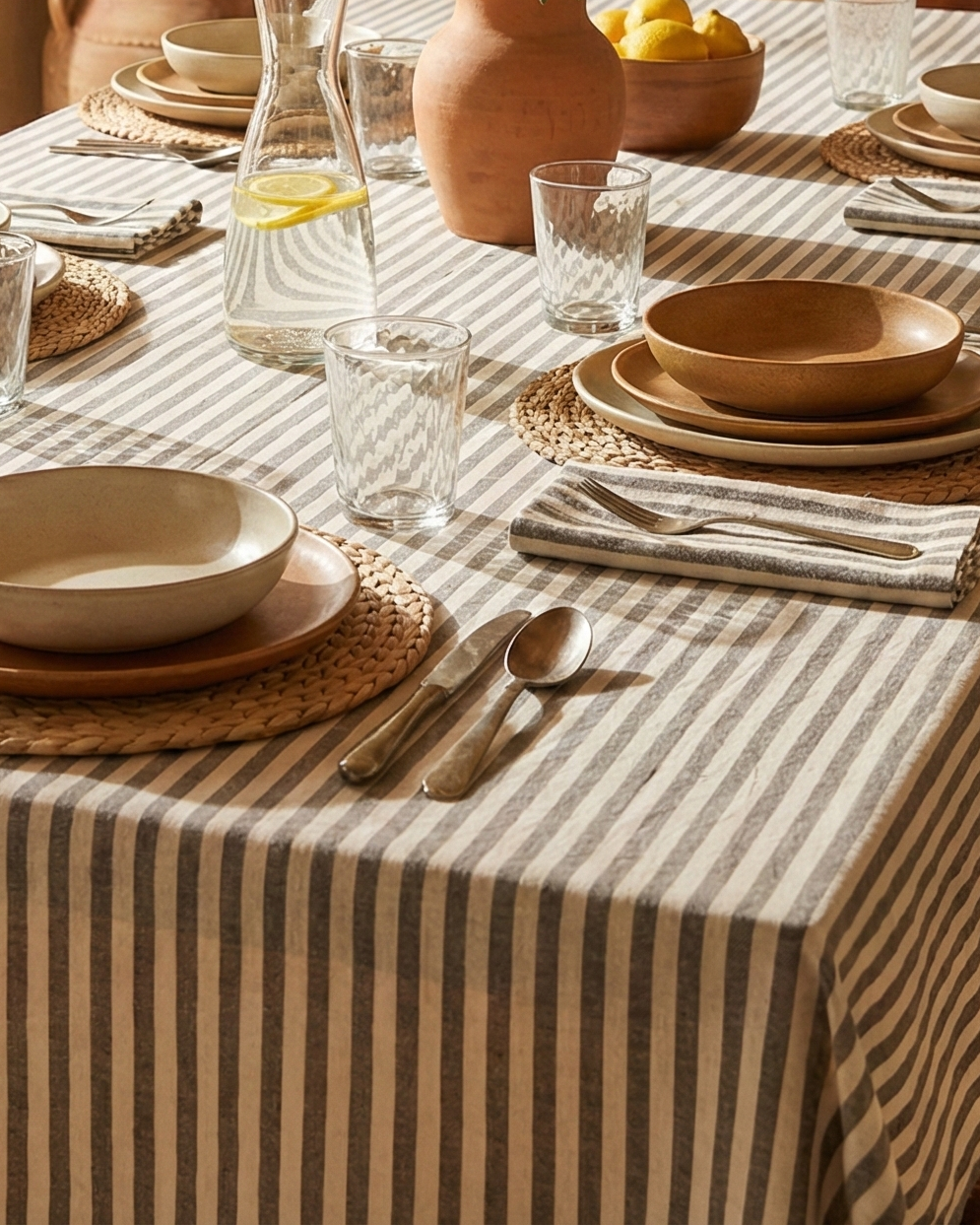 Mantel rayas finas gris oscuro y crudo
